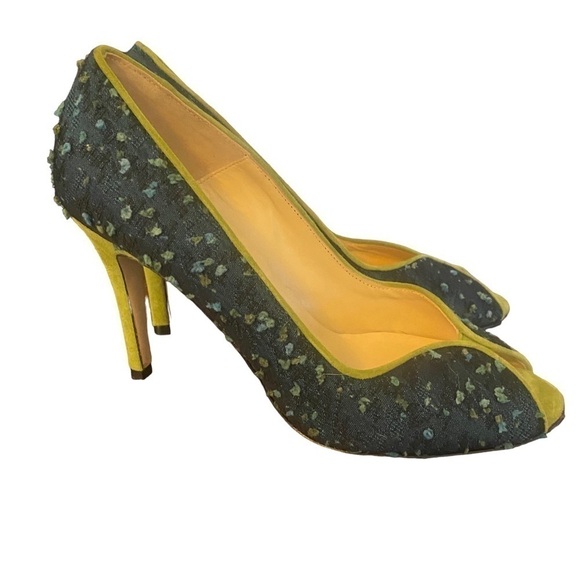 Butter green suede blue fabric peep toe heels Size 8 - Picture 3 of 9